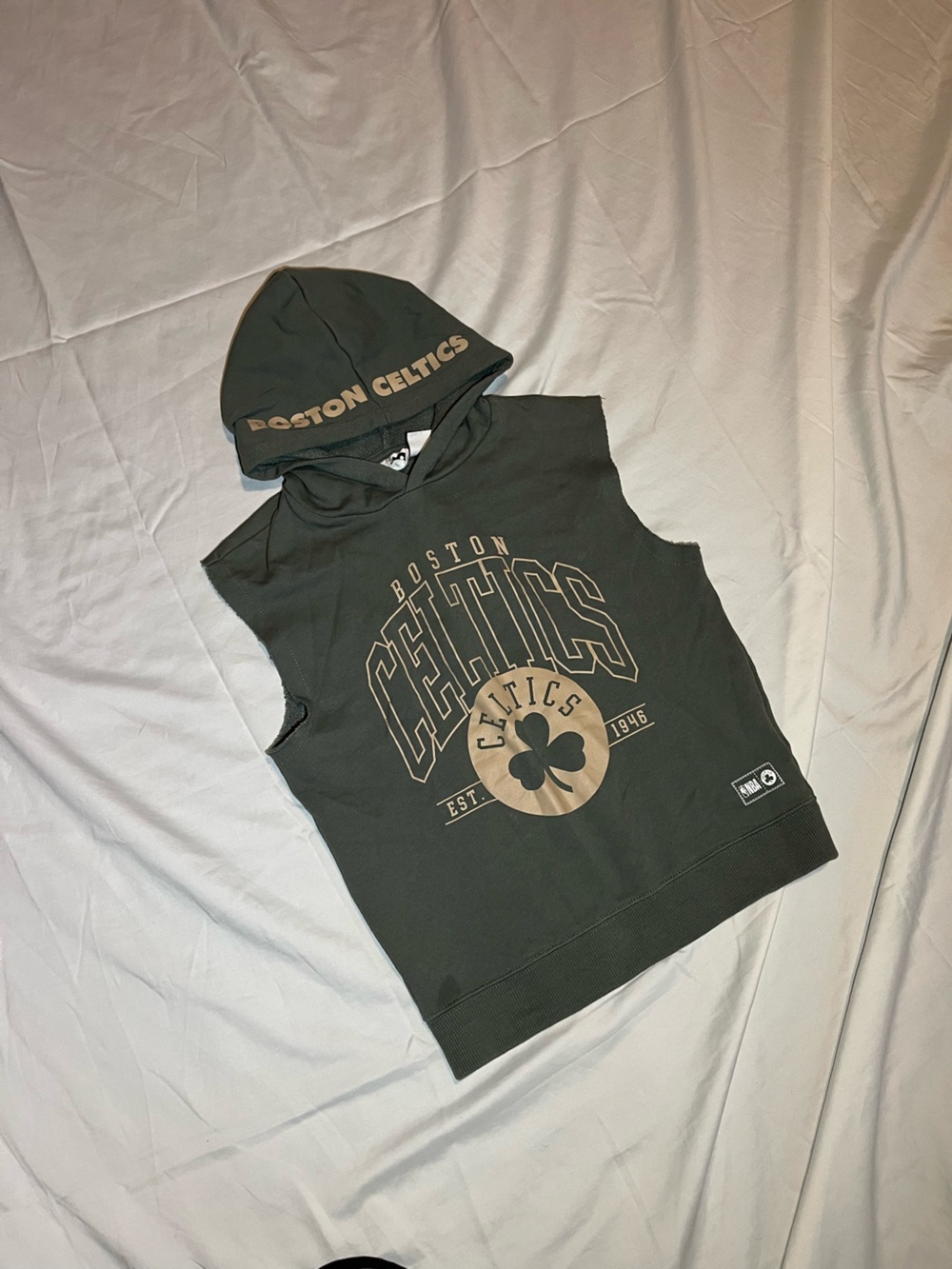 NBA Kids Sleeveless Hoodie in Olive Green with Tan Graphics